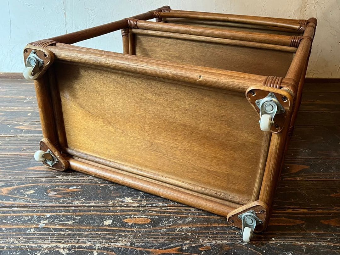 ラタン キッチンワゴン 藤 ワゴン 棚 インテリア 昭和レトロ 当時物 トレイ