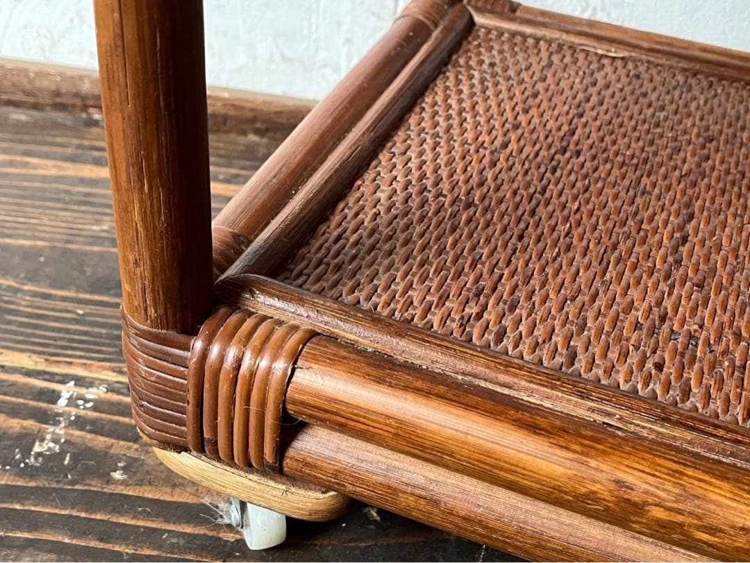 ラタン キッチンワゴン 藤 ワゴン 棚 インテリア 昭和レトロ 当時物 トレイ