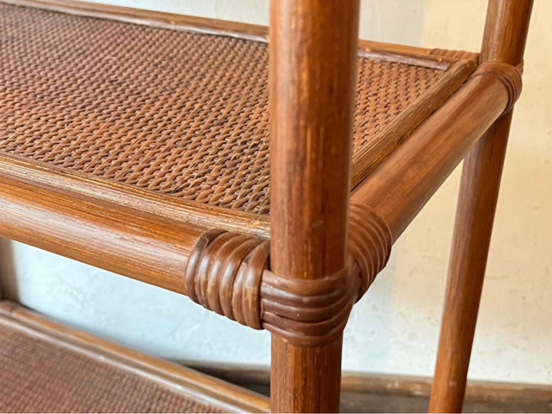 ラタン キッチンワゴン 藤 ワゴン 棚 インテリア 昭和レトロ 当時物 トレイ