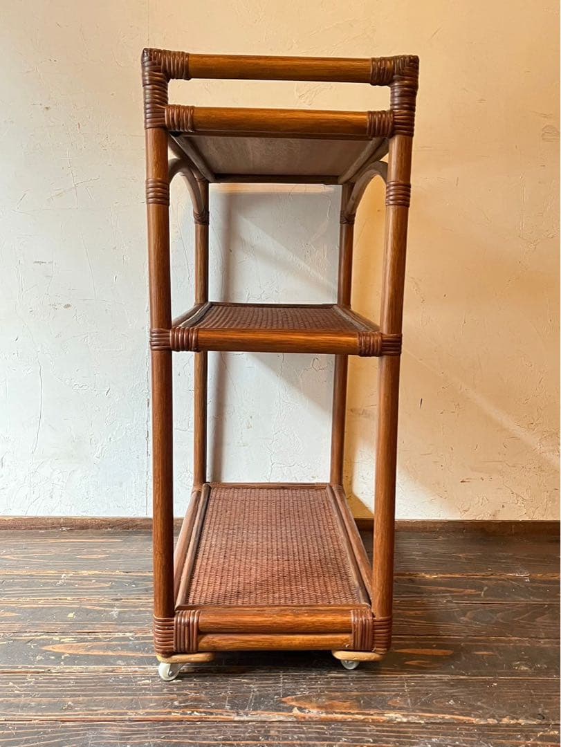 ラタン キッチンワゴン 藤 ワゴン 棚 インテリア 昭和レトロ 当時物 トレイ