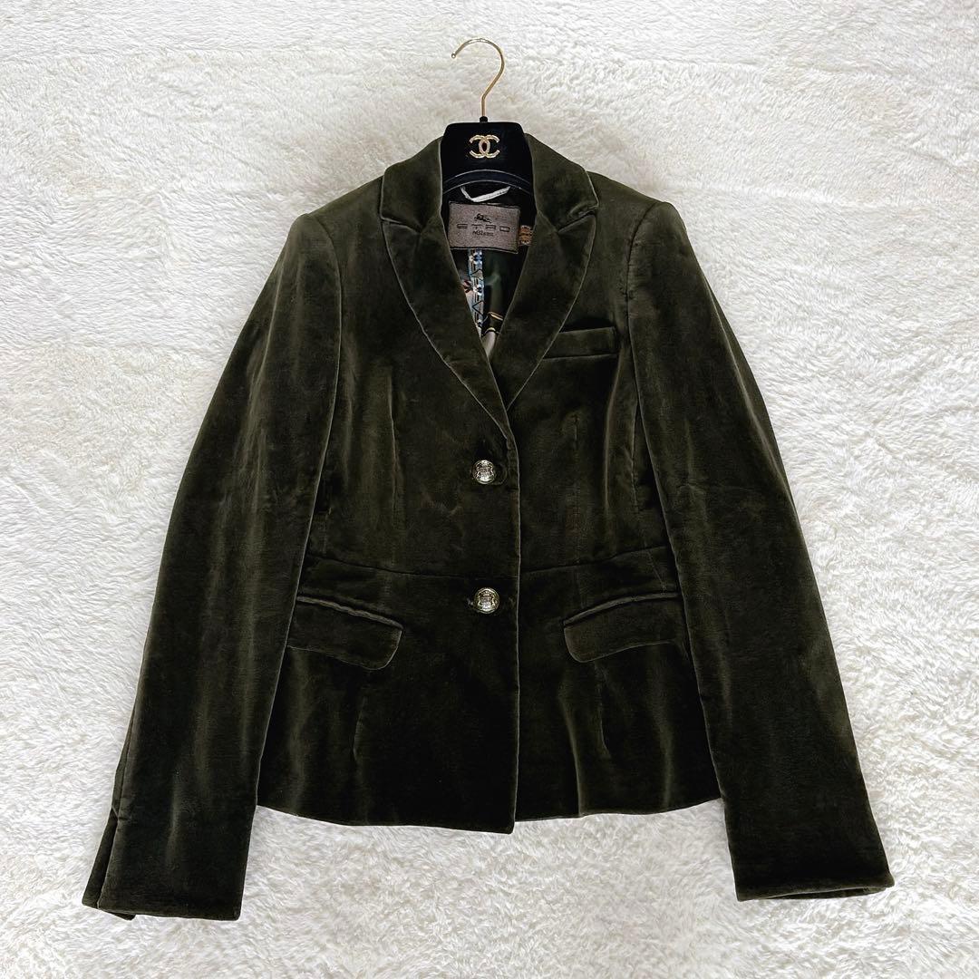 希少✨【エトロ】ベロア テーラードジャケット ダークグリーン 裏地総柄 42