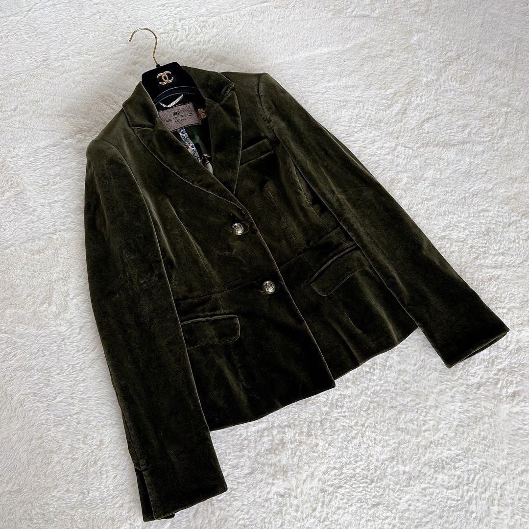 希少✨【エトロ】ベロア テーラードジャケット ダークグリーン 裏地総柄 42