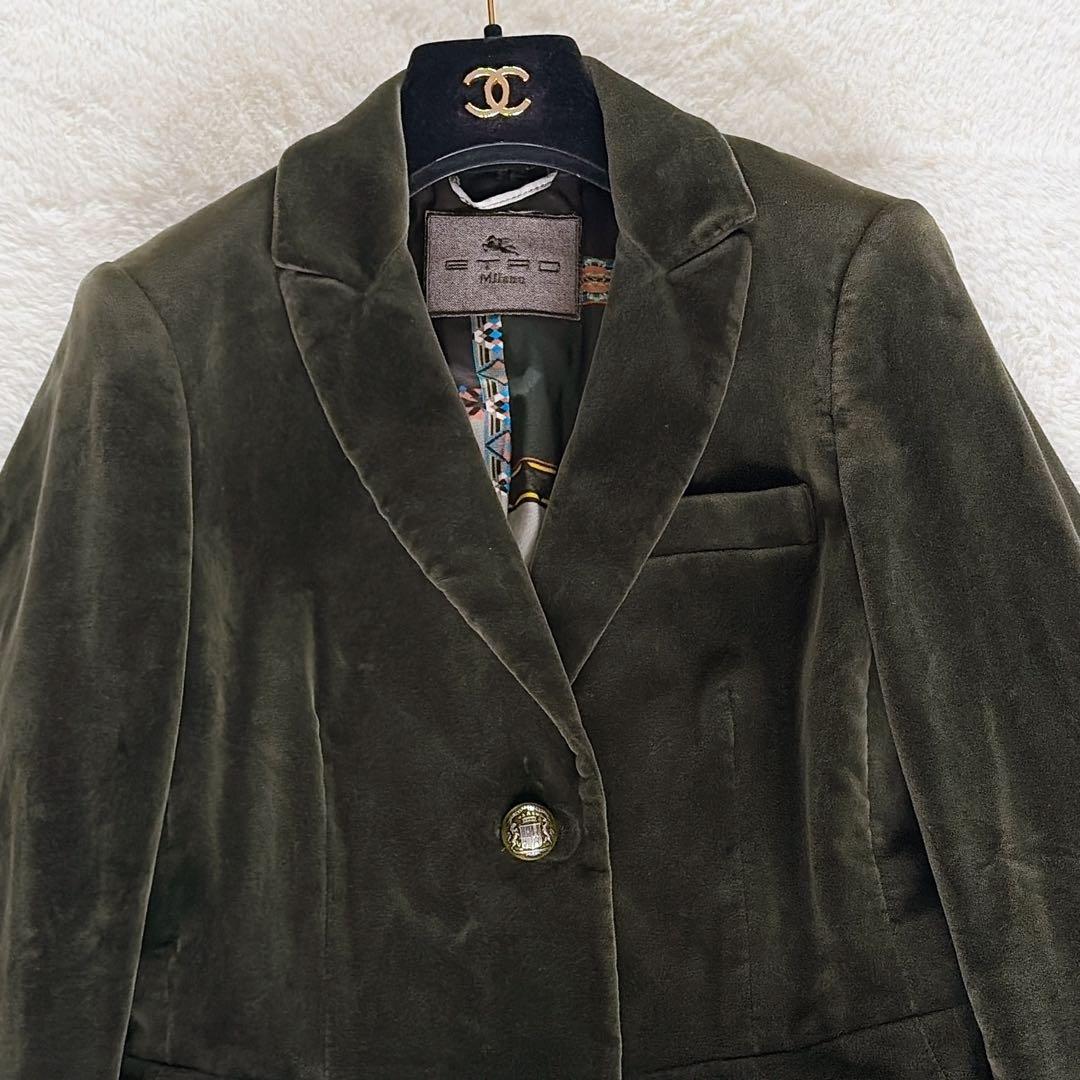 希少✨【エトロ】ベロア テーラードジャケット ダークグリーン 裏地総柄 42