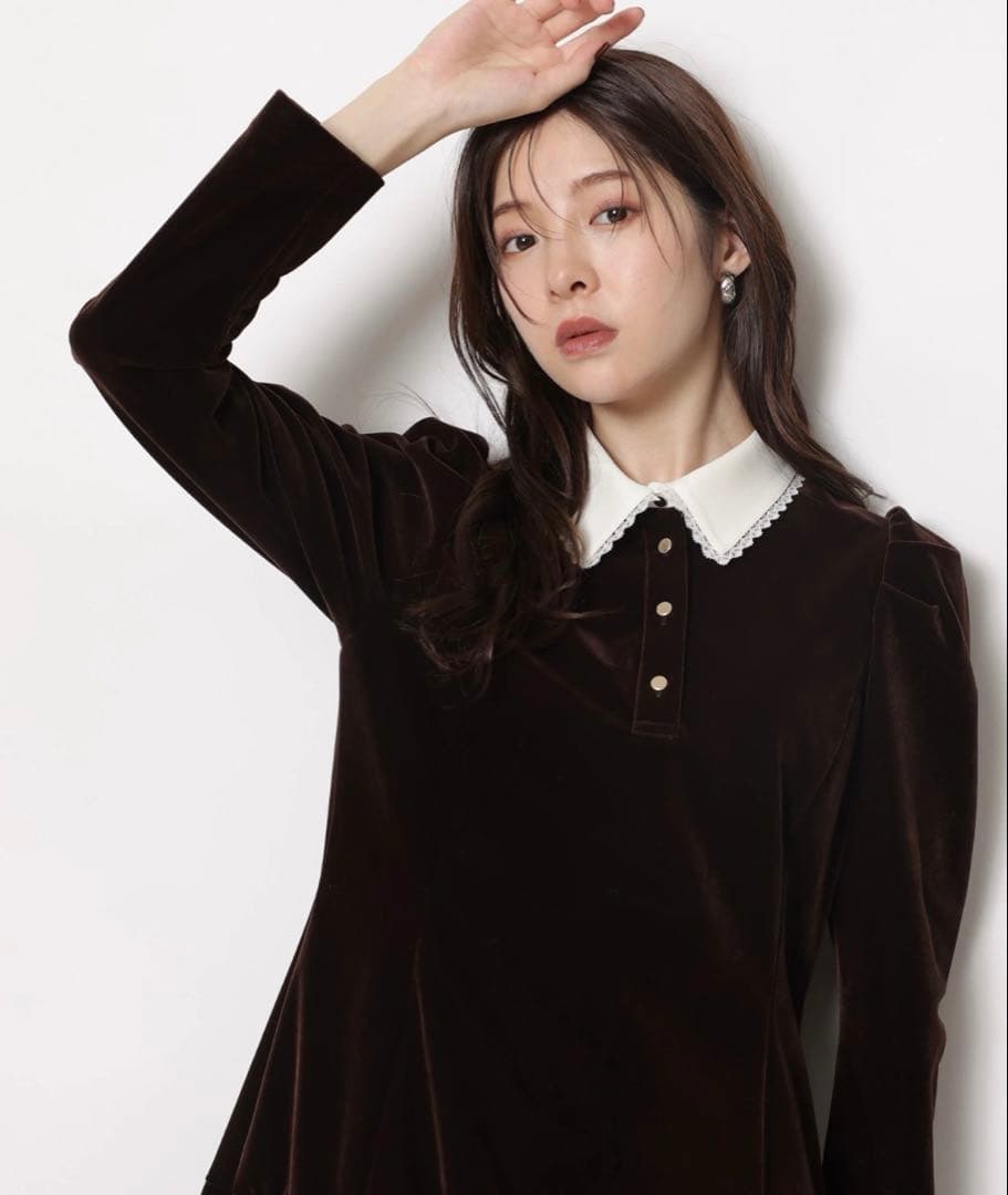 Rirandture リランドチュール ベルベットカラーミニワンピース ブラウン