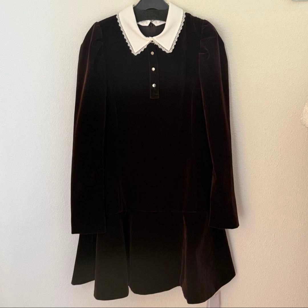 Rirandture リランドチュール ベルベットカラーミニワンピース ブラウン