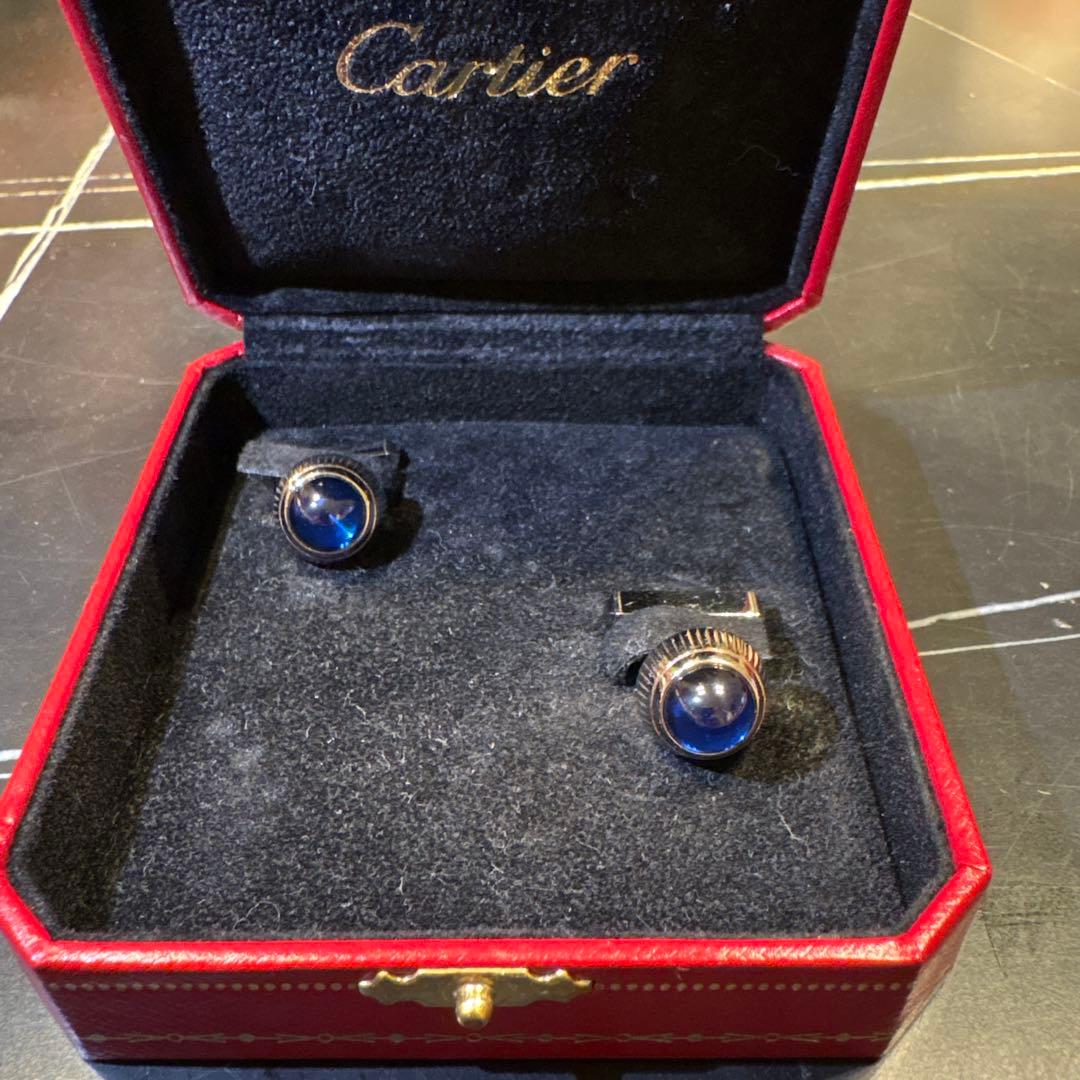 Cartier 青いラウンド型カフリンクス ケース付き