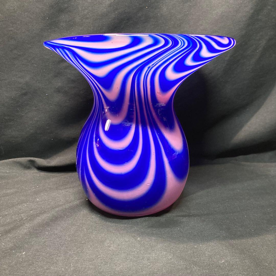 【美品】花瓶 ガラス工芸 ブルー マーブルガラス enrai