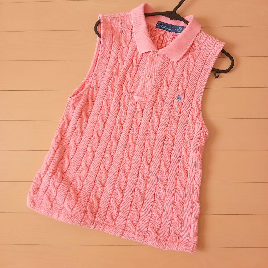 【即発送】ラルフローレン ノースリーブ ポロシャツ ニット ケーブル編み ピンク