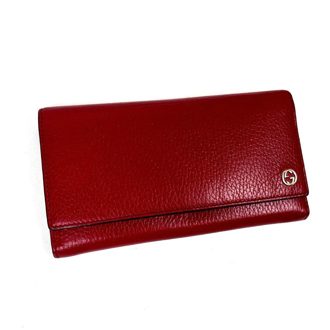 グッチ　長財布　インターロッキング　GGロゴ　フラップ　シボ革　レッド　未使用級