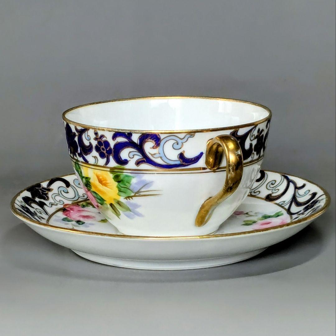 オールドノリタケ銘品!! 金彩藍帯薔薇図紋　キャビネットカップ＆ソーサー