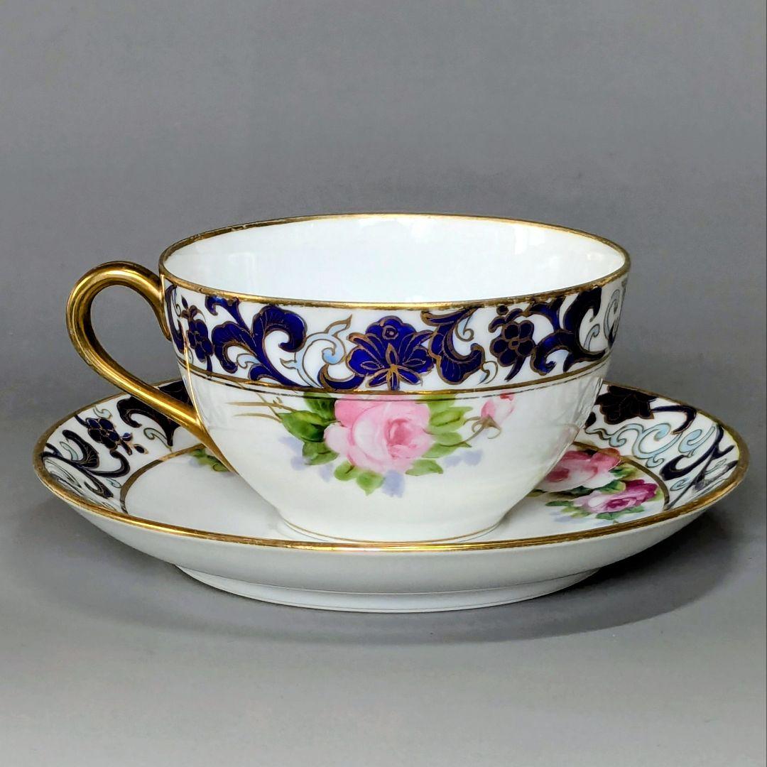 オールドノリタケ銘品!! 金彩藍帯薔薇図紋　キャビネットカップ＆ソーサー