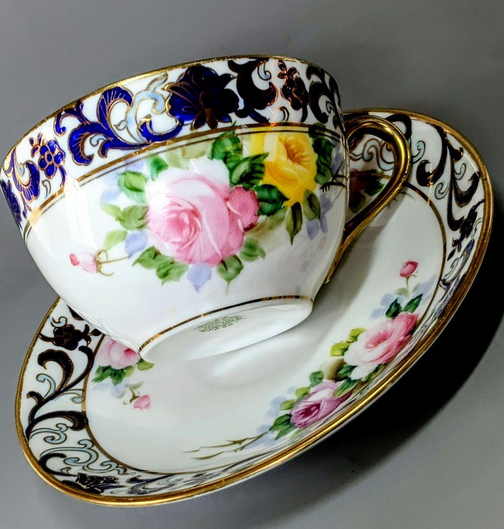 オールドノリタケ銘品!! 金彩藍帯薔薇図紋　キャビネットカップ＆ソーサー