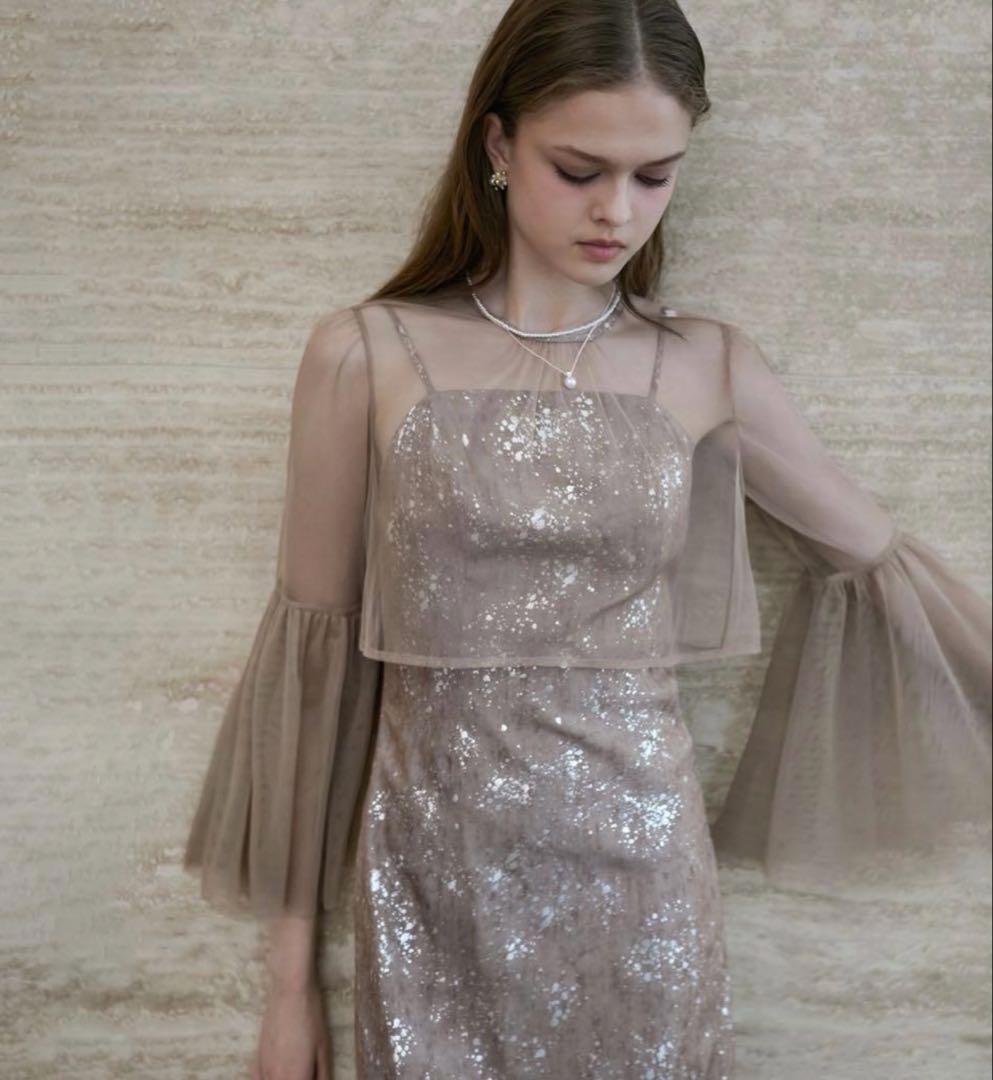 【タグ付き・Leja】シアーチュールベルスリーブペイントIラインワンピースドレス