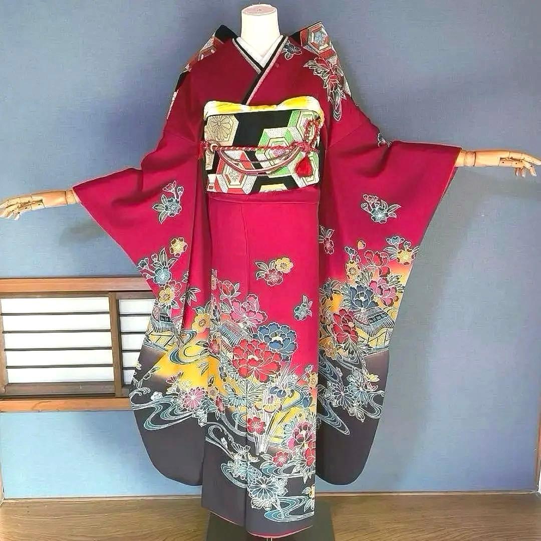 振袖フルセット　高身長　紅型　手描き友禅　成人式振袖　振袖　裄丈71 赤