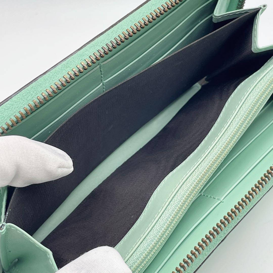 日本限定カラー グッチ リネアキャット シマ 長財布 ミント ラウンドファスナー