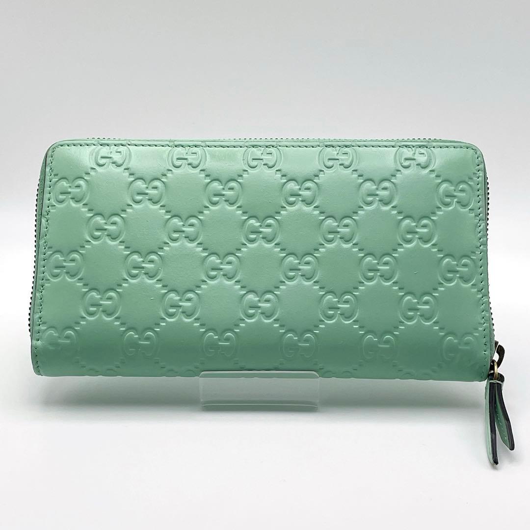 日本限定カラー グッチ リネアキャット シマ 長財布 ミント ラウンドファスナー