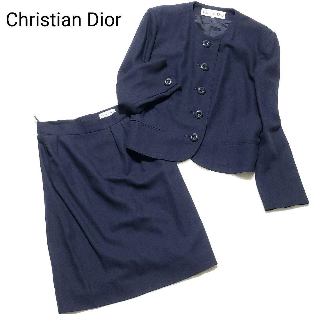 美品♡Dior　スカートスーツセットアップ ノーカラー ウール 大きいサイズ 紺