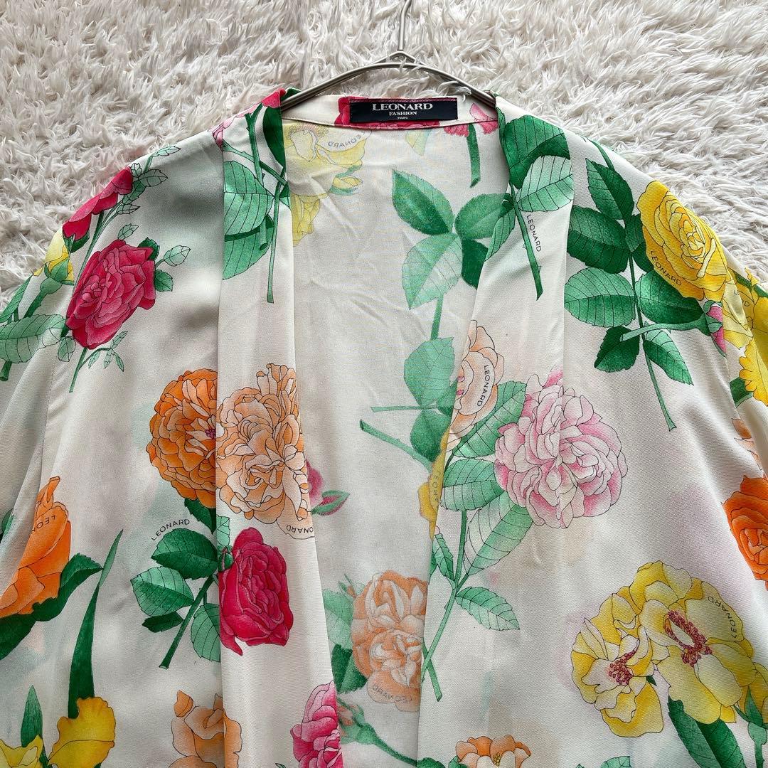 レオナール カーディガン はおり 総柄 花柄 トリム マルチカラー シルク M