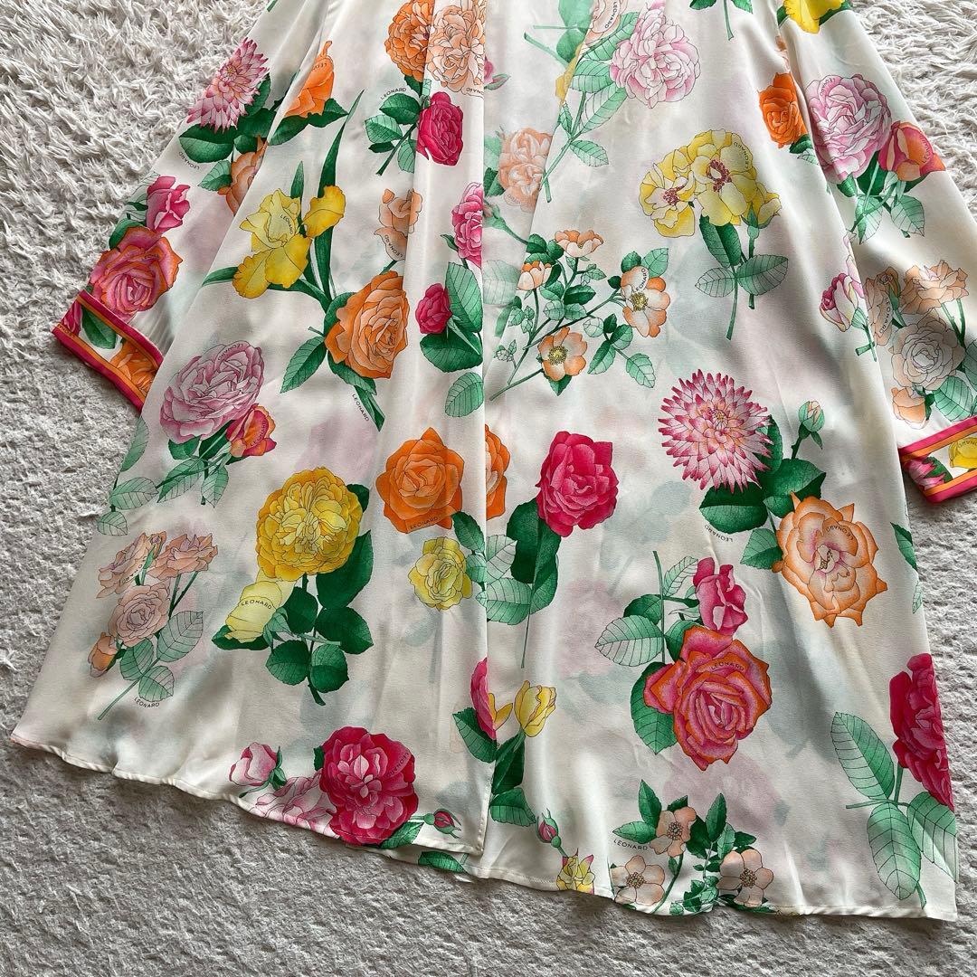 レオナール カーディガン はおり 総柄 花柄 トリム マルチカラー シルク M