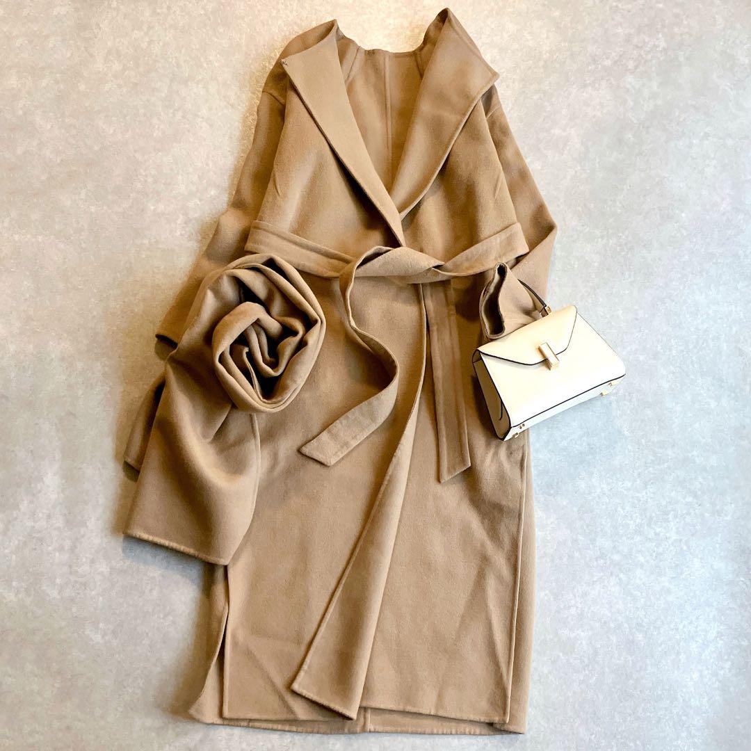 美品 エストネーション ストール付ウールダブルフェイスロングコート キャメル