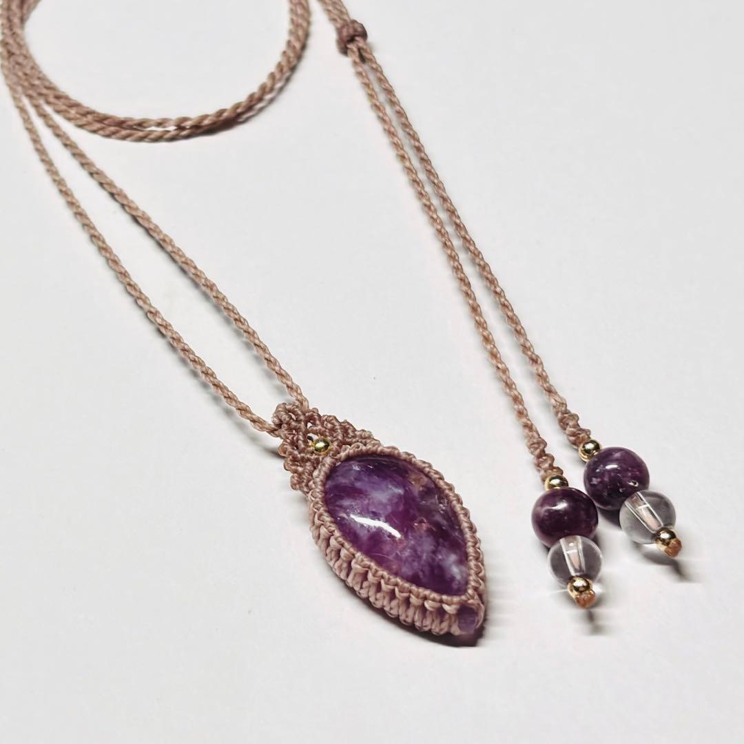 #2145 ♡レピドライトシリカ&水晶天然石♡マクラメネックレス　ペンダント