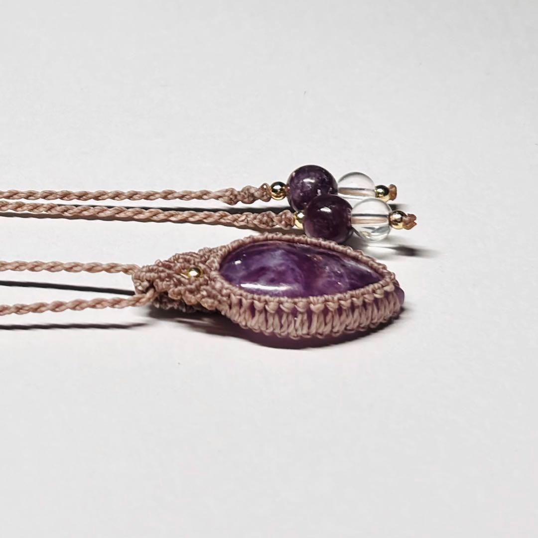 #2145 ♡レピドライトシリカ&水晶天然石♡マクラメネックレス　ペンダント