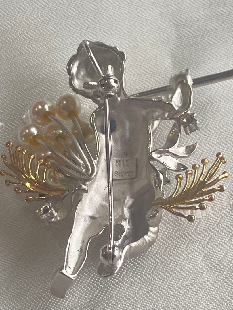 K18 シルバー 18金 コンビ アコヤパール 真珠 天使 ペンダント ブローチ