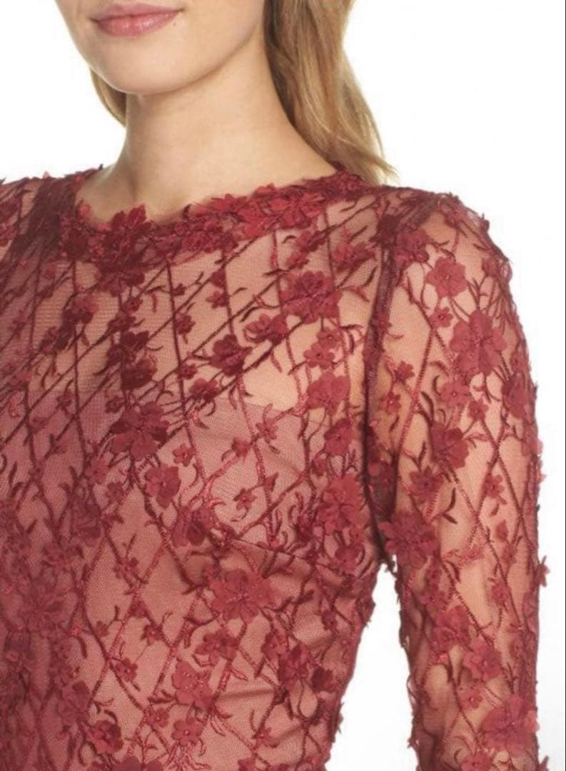 バーガンディ色 花柄レース 長袖ワンピース