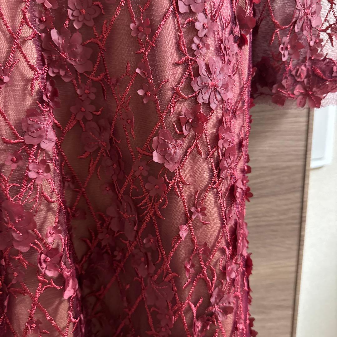 バーガンディ色 花柄レース 長袖ワンピース