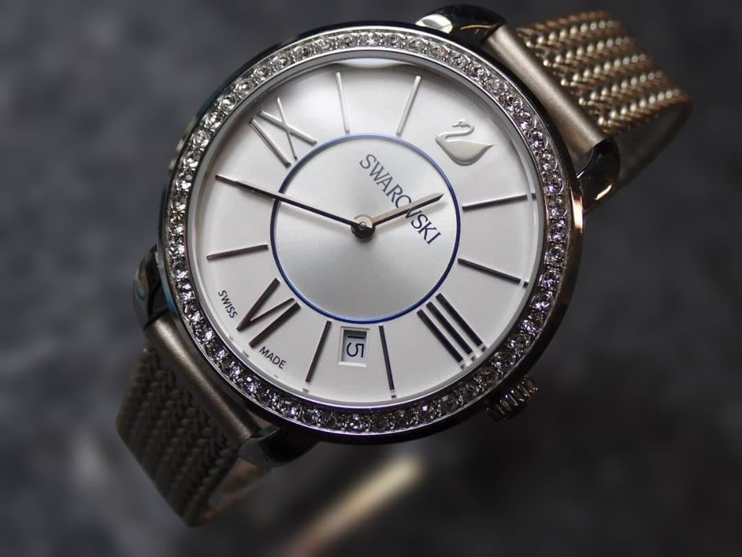 ●SWAROVSKI●メタルマグネットメッシュベルト●2針+DATE●美品稼働