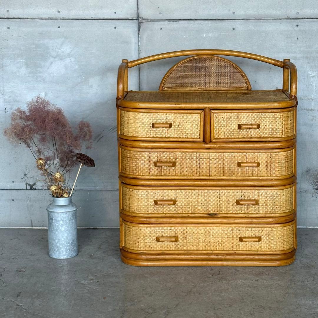 ꧁ラタン꧂ 70s〜80s昭和レトロ♢ ラタンチェスト 5段 籐家具 ナチュラル