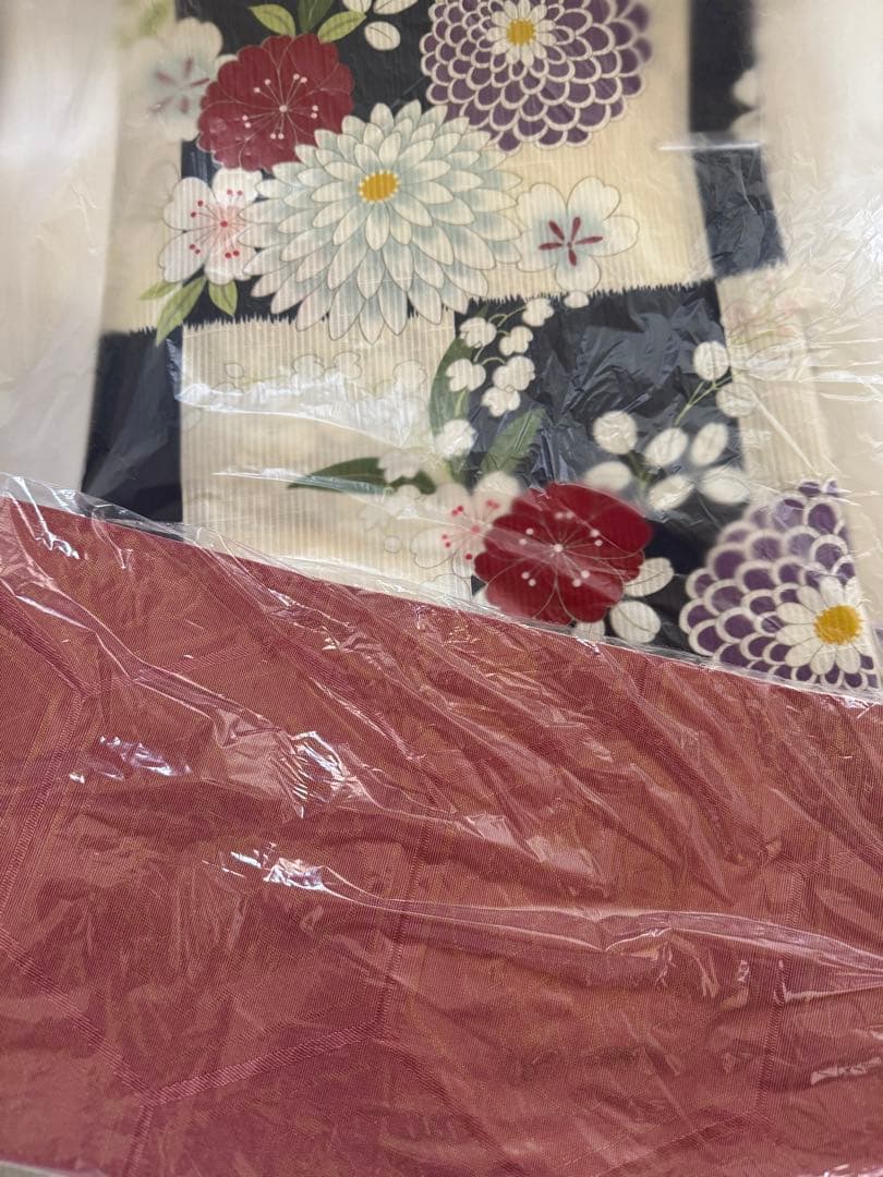 【最終値下げ】ふりふ　浴衣　「市松に菊花」　ロイヤルブルー　帯セット