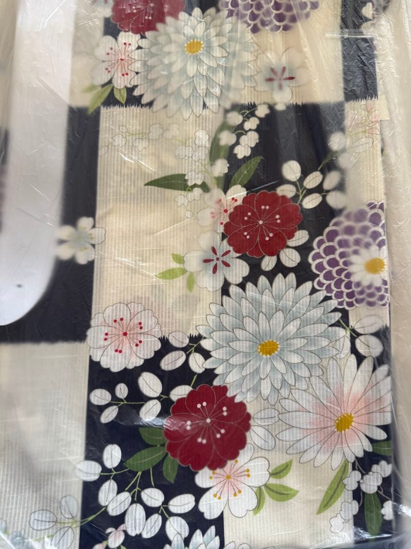 【最終値下げ】ふりふ　浴衣　「市松に菊花」　ロイヤルブルー　帯セット