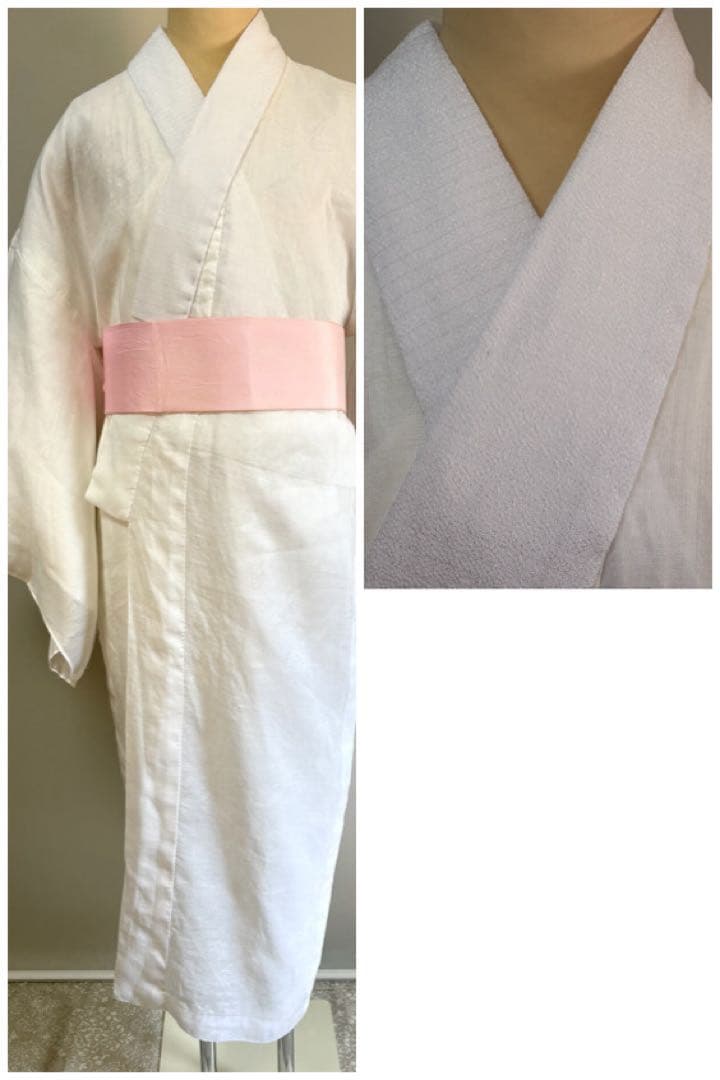 夏用長襦袢　本麻　真っ白　絽白半襟付　L Lサイズ　裄69 袖丈48.5 美品