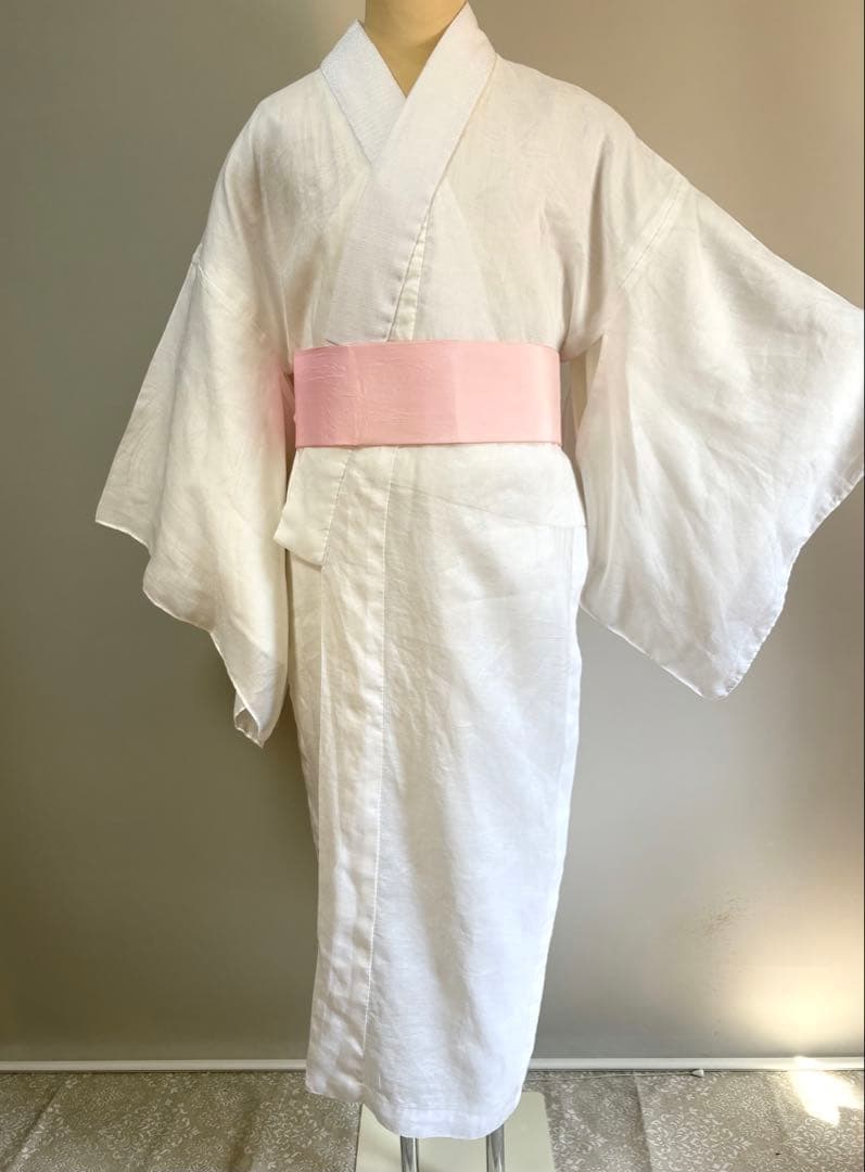 夏用長襦袢　本麻　真っ白　絽白半襟付　L Lサイズ　裄69 袖丈48.5 美品