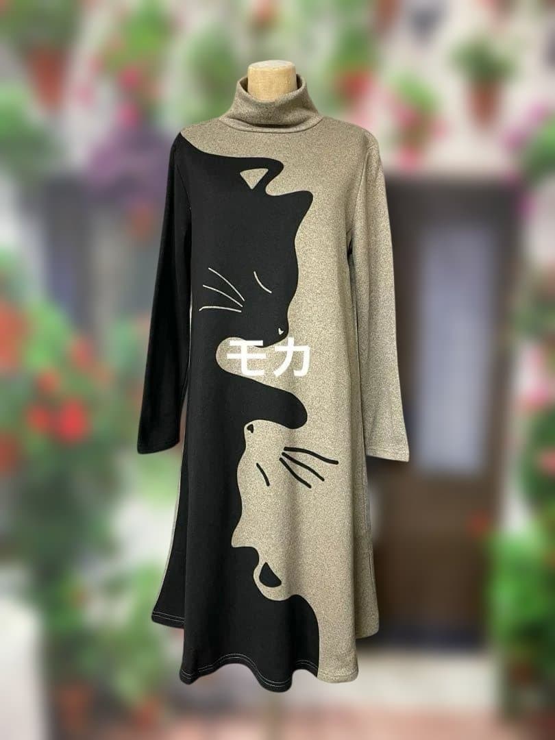 ヒロミ182猫print裏起毛ニットソーTU(NV)（MK)(BK)