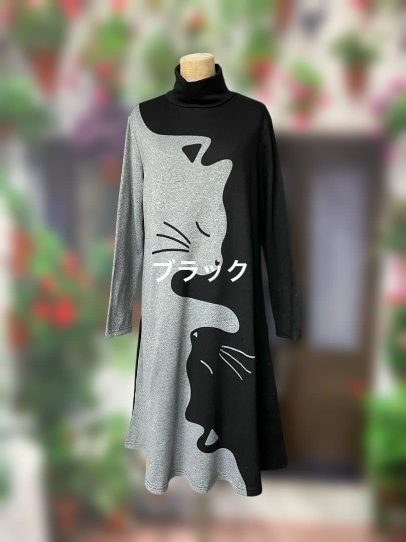 ヒロミ182猫print裏起毛ニットソーTU(NV)（MK)(BK)