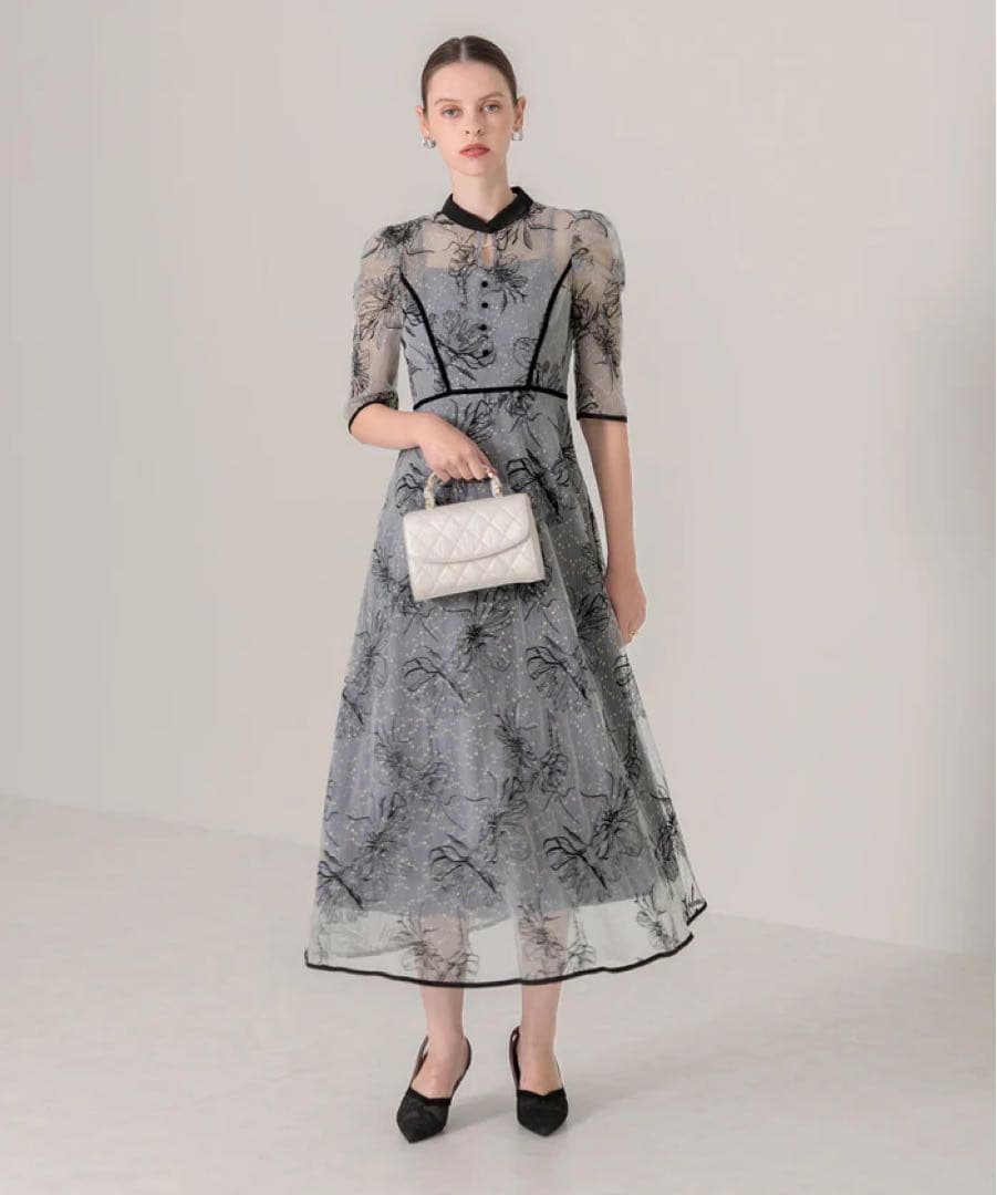 レジャLeja パイピングハイネック花柄ラメレースワンピースドレス Lサイズ