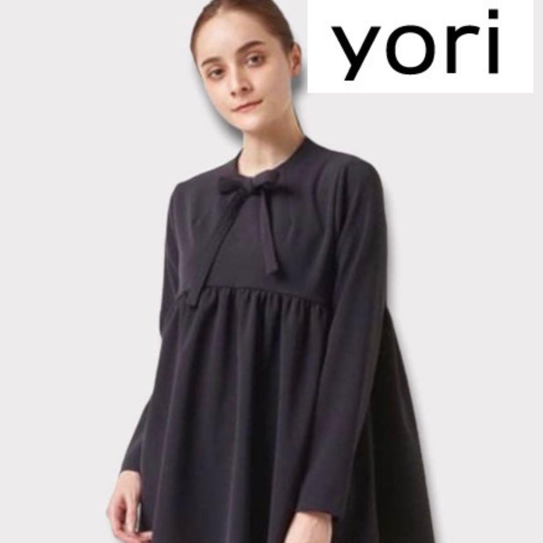 【美品】yori ヨリ リボン ブラウス オーバートップス ブラック 38