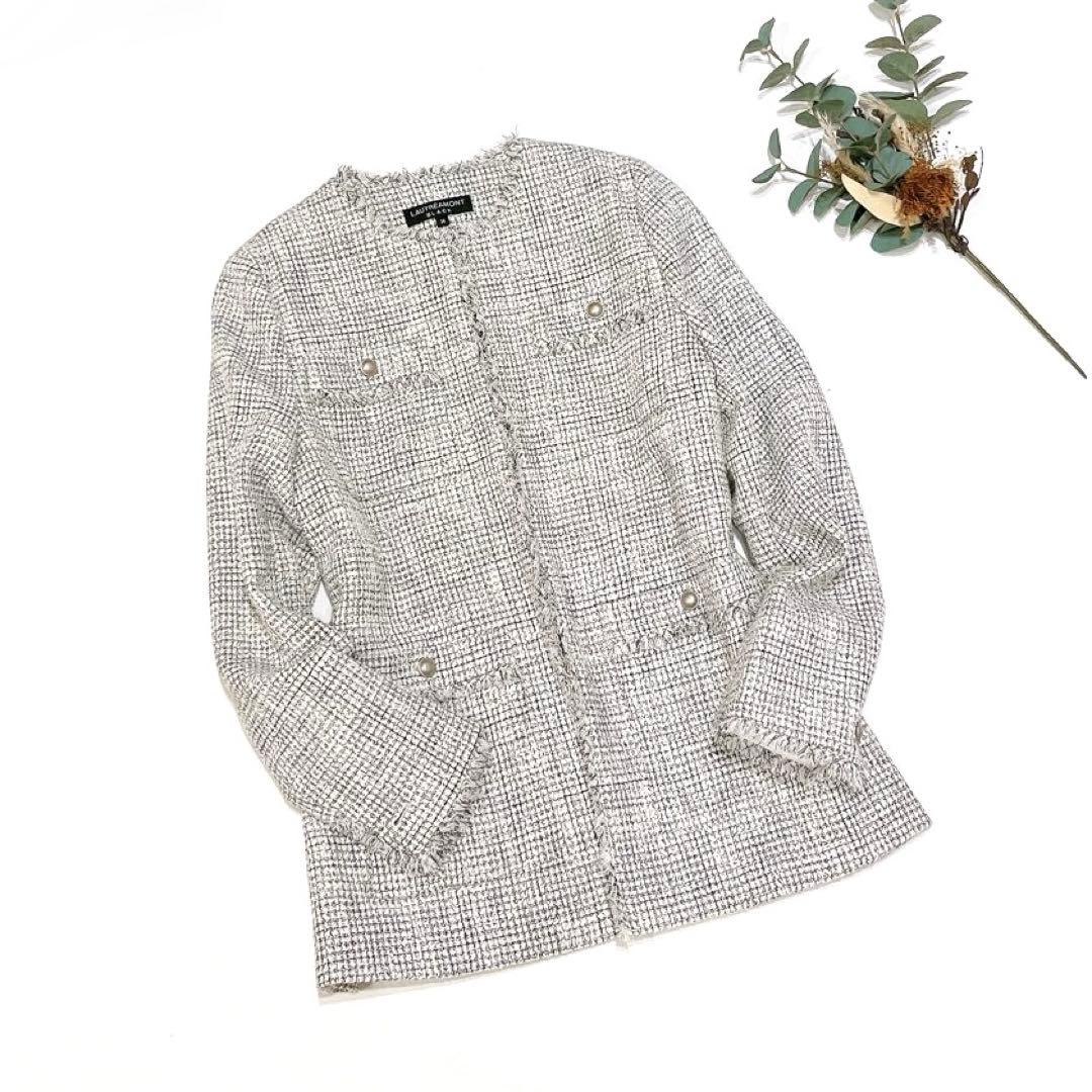 専用ロートレアモン ストレッチツィードジャケット　ノーカラー　ホワイト系　36