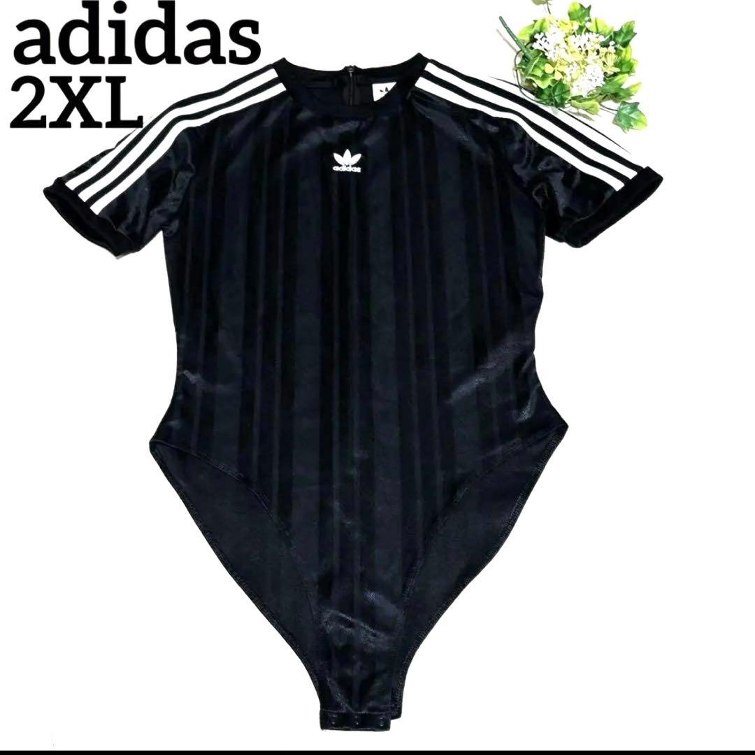 新品級 アディダス 2XL ボディスーツ 半袖 トレフォイル スリーライン 黒