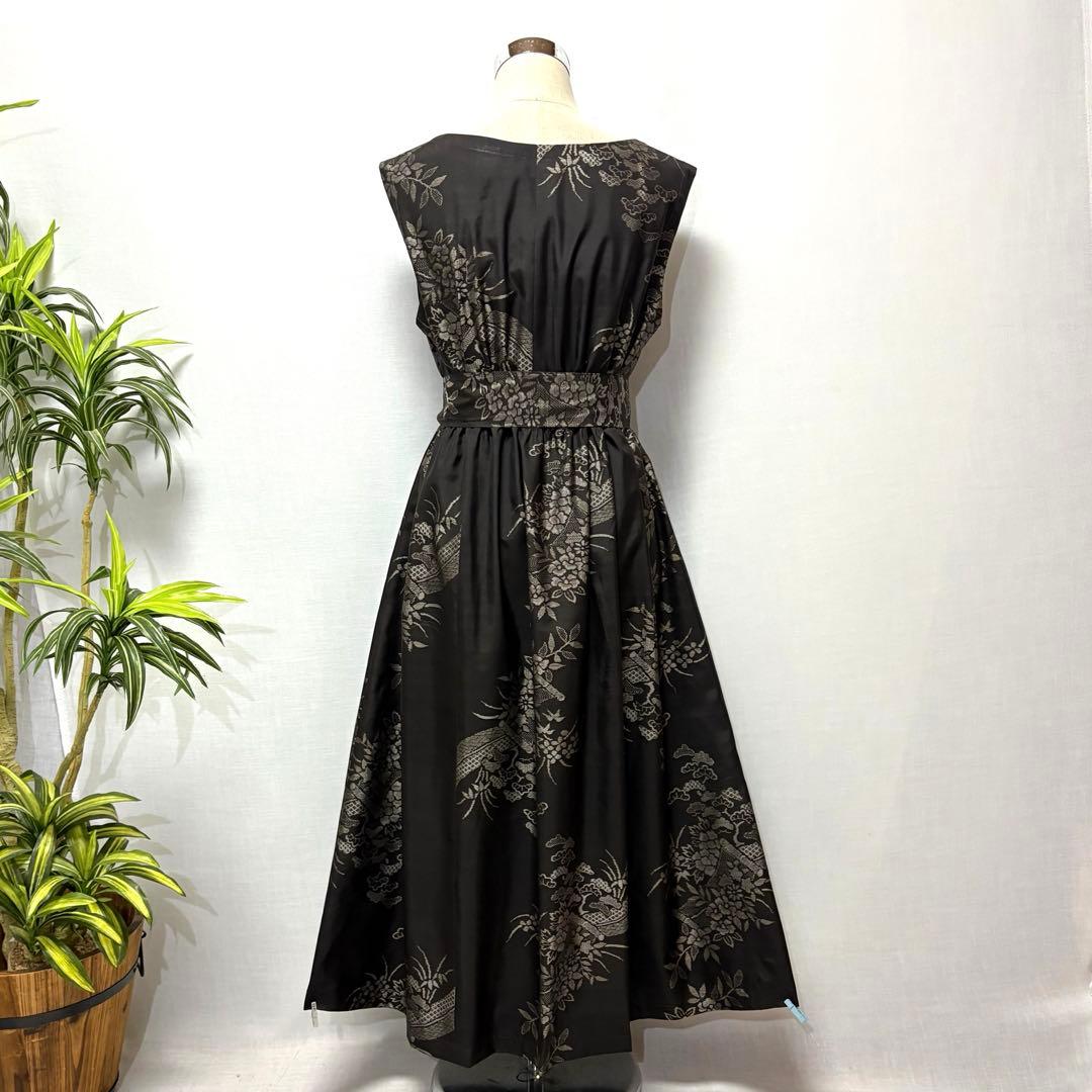 着物リメイク　大島紬花柄ワンピース　ロングジャンパースカート　ゆったりLサイズ