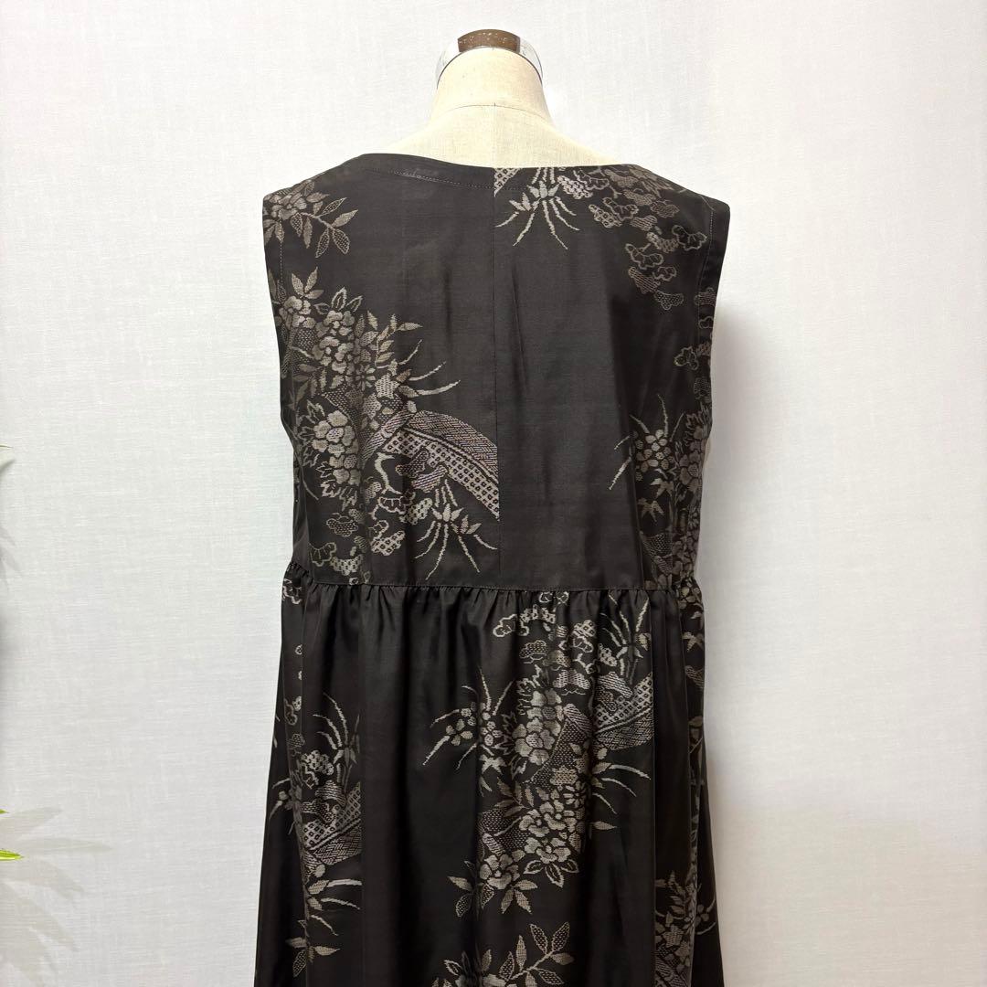 着物リメイク　大島紬花柄ワンピース　ロングジャンパースカート　ゆったりLサイズ