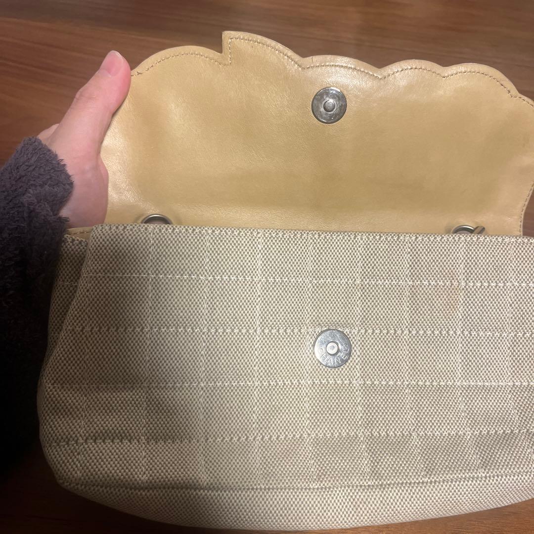 CHANELカメリアショルダーバッグ キャンバス×パテントレザー ベージュ