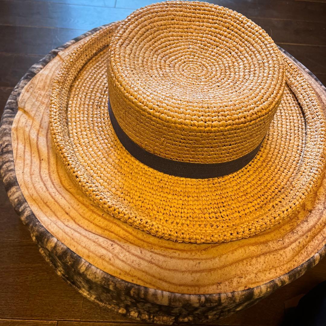 メゾンドソイル ラフィア帽子 ダークブルーリボン付き