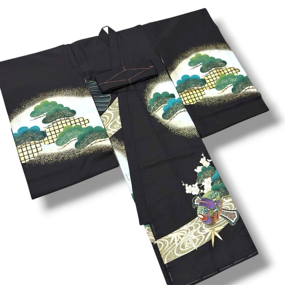 【新品未使用】お宮参り 産着 男の子 合繊 洗える着物 金彩入り 祝着 黒