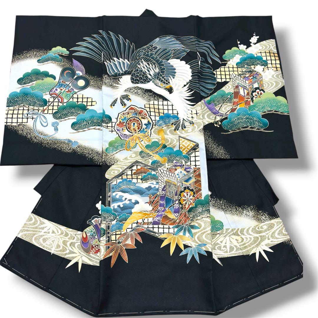 【新品未使用】お宮参り 産着 男の子 合繊 洗える着物 金彩入り 祝着 黒