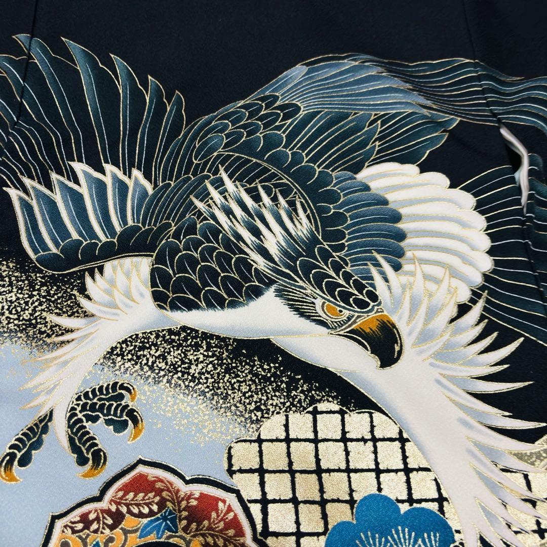 【新品未使用】お宮参り 産着 男の子 合繊 洗える着物 金彩入り 祝着 黒