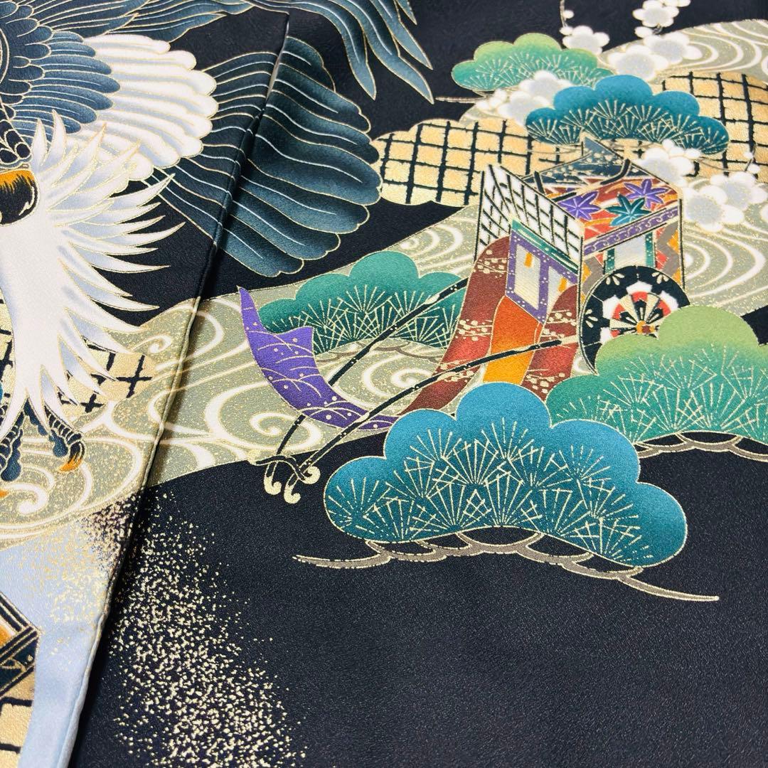 【新品未使用】お宮参り 産着 男の子 合繊 洗える着物 金彩入り 祝着 黒