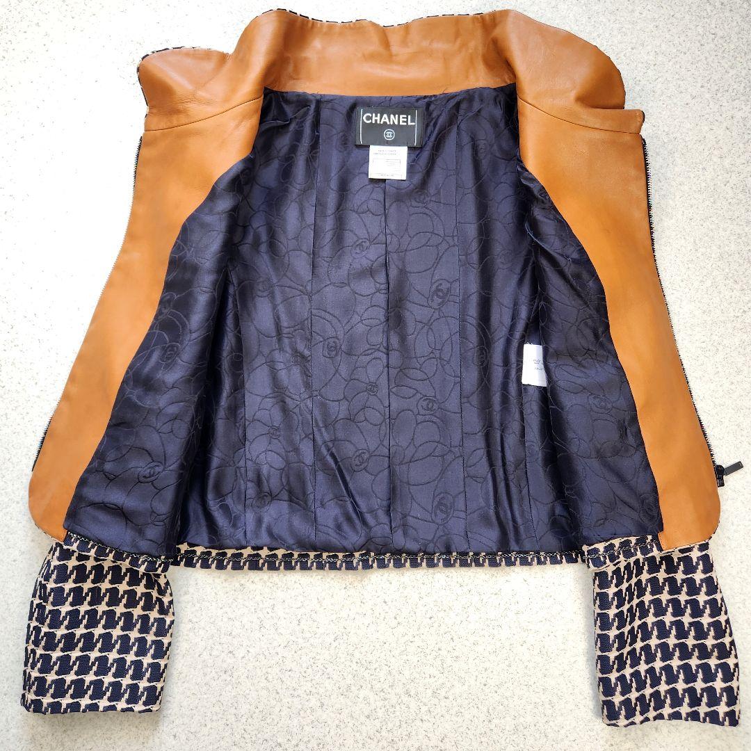 CHANEL ✨01P ツイード ジップアップ ジャケット レザー切替 38
